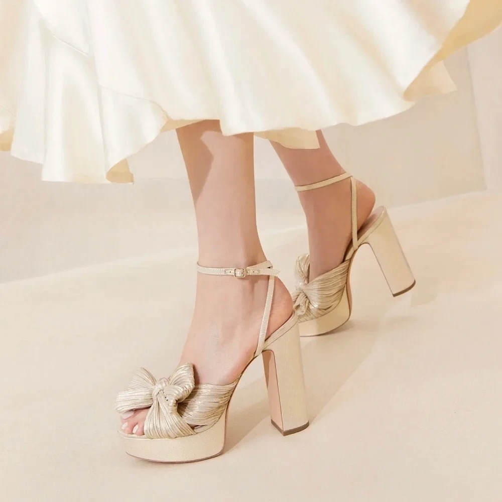 Loeffler Randall Natalia Bow Knotted High Heel Platform Sandals Platinum US 10